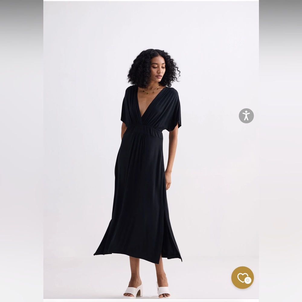 NEW Reistor Modal Flowy A-Line Side Slits Maxi V- Neck Black Plus Size Dress, 2X